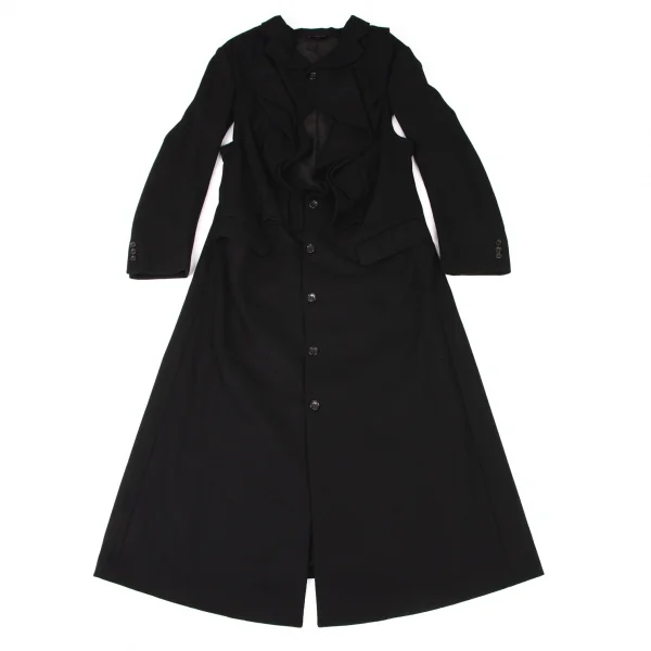 コムデギャルソンCOMME des GARCONS ウール混紡脇開きバックスリットフリルコート 黒M位 K-135572_002