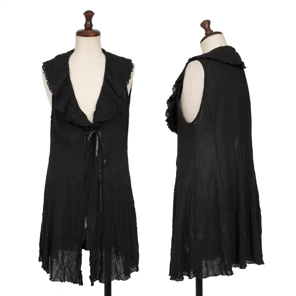 ヒロコビスHIROKO BIS フリルカラーシワ加工メッシュロングジレ 黒9 K-135804_001