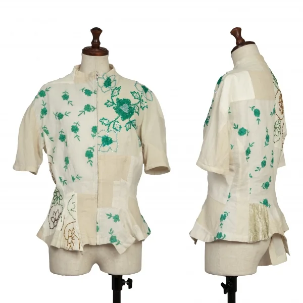 ヨウジヤマモト ファムYohji Yamamoto FEMME コットンリネン装飾パッチワークノーカラーシャツ 白緑ベージュM位 K-135950_001