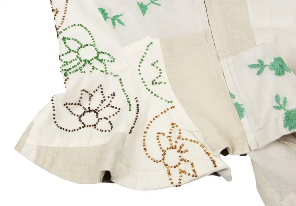 ヨウジヤマモト ファムYohji Yamamoto FEMME コットンリネン装飾パッチワークノーカラーシャツ 白緑ベージュM位 K-135950_011