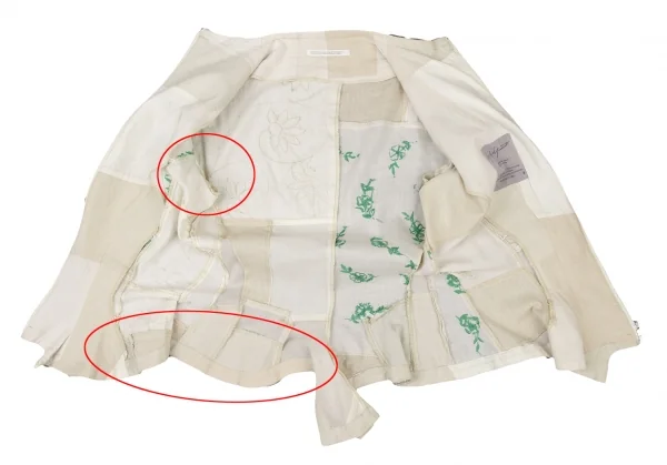 ヨウジヤマモト ファムYohji Yamamoto FEMME コットンリネン装飾パッチワークノーカラーシャツ 白緑ベージュM位 K-135950_012