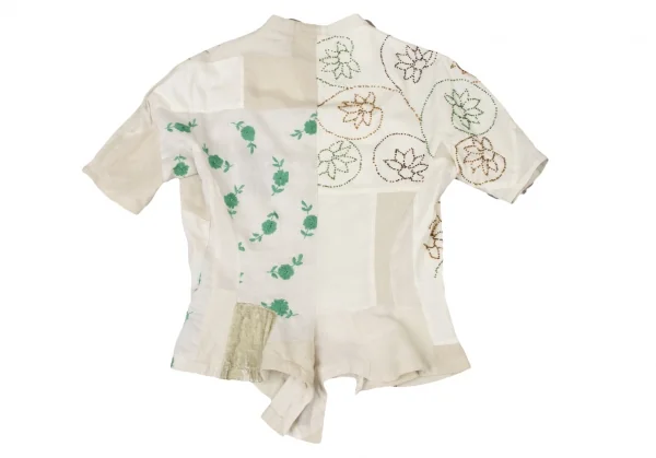 ヨウジヤマモト ファムYohji Yamamoto FEMME コットンリネン装飾パッチワークノーカラーシャツ 白緑ベージュM位 K-135950_015