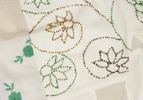 ヨウジヤマモト ファムYohji Yamamoto FEMME コットンリネン装飾パッチワークノーカラーシャツ 白緑ベージュM位 K-135950_016