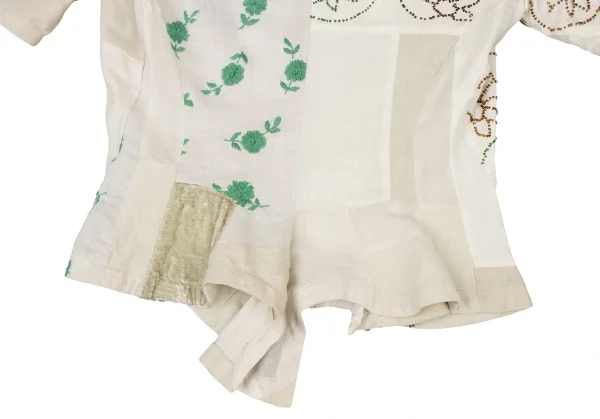 ヨウジヤマモト ファムYohji Yamamoto FEMME コットンリネン装飾パッチワークノーカラーシャツ 白緑ベージュM位 K-135950_017