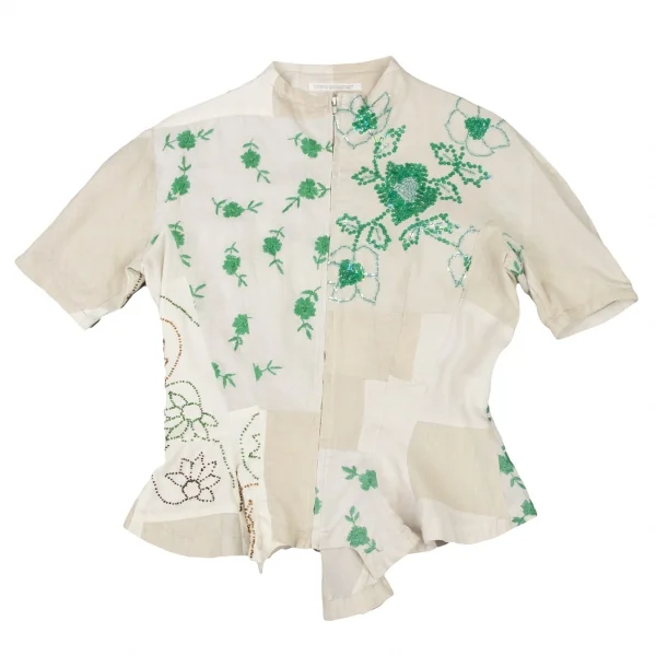 ヨウジヤマモト ファムYohji Yamamoto FEMME コットンリネン装飾パッチワークノーカラーシャツ 白緑ベージュM位 K-135950_002