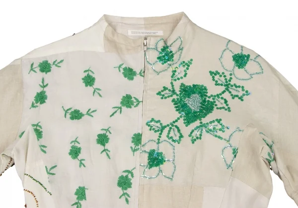ヨウジヤマモト ファムYohji Yamamoto FEMME コットンリネン装飾パッチワークノーカラーシャツ 白緑ベージュM位 K-135950_003
