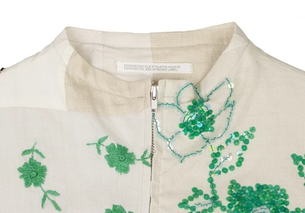 ヨウジヤマモト ファムYohji Yamamoto FEMME コットンリネン装飾パッチワークノーカラーシャツ 白緑ベージュM位 K-135950_004