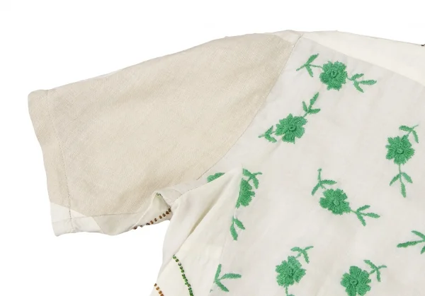 ヨウジヤマモト ファムYohji Yamamoto FEMME コットンリネン装飾パッチワークノーカラーシャツ 白緑ベージュM位 K-135950_008