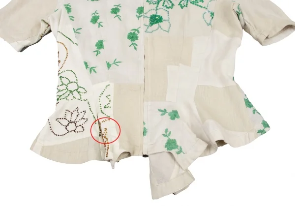 ヨウジヤマモト ファムYohji Yamamoto FEMME コットンリネン装飾パッチワークノーカラーシャツ 白緑ベージュM位 K-135950_009