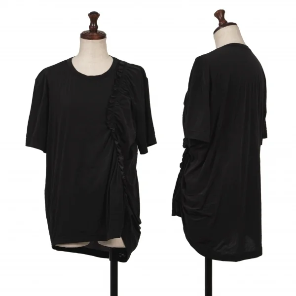 Y's Poly Side Gather Switching T Shirt Black 2 K-136434_001