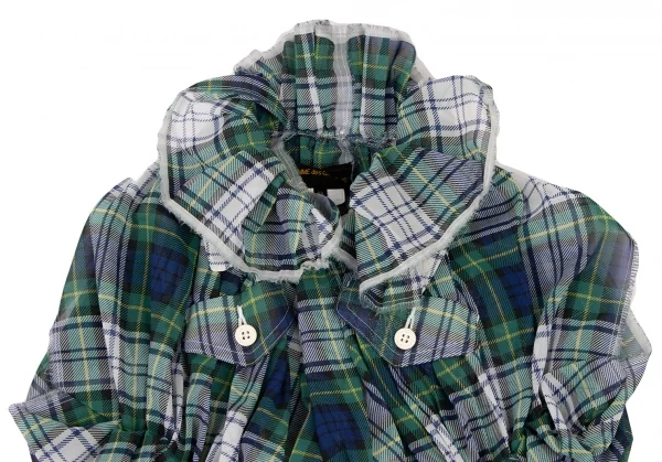 トリココムデギャルソン ギャザー 切り替えチェック 総柄 フリル ブラウス M トリココムデギャルソン ギャザー 切り替えチェック 総柄 フリル