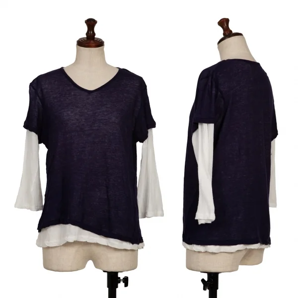 Y's  Cotton Layered V-neck T Shirt Navy,White 3 K-136522_001