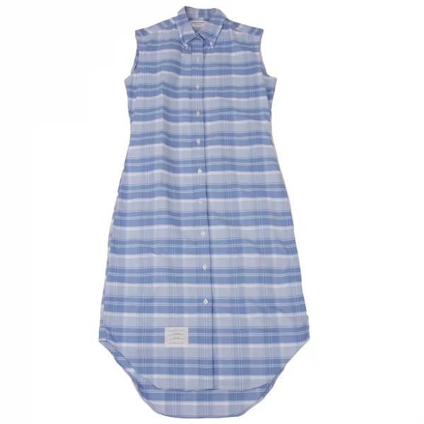 トムブラウンTHOM BROWNE チェックノースリーブシャツワンピース 水色白他1 K-136610_002