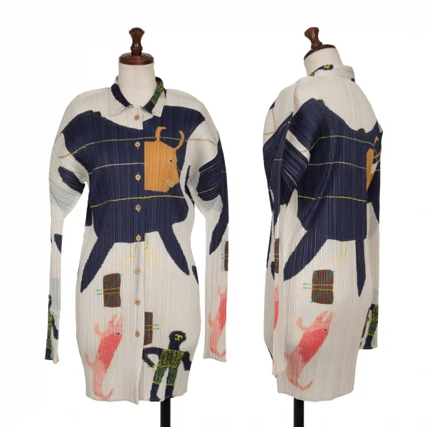 PLEATS PLEASE Drawing Print Long Shirt Ivory,Navy 3 K-136700_001