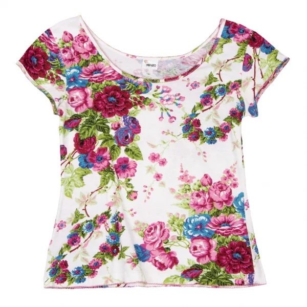 ケンゾーKENZO フローラルプリントフレンチスリーブTシャツ 白ピンク緑M K-136802_002