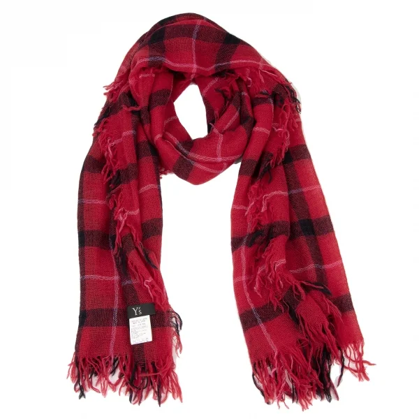 Y's Wool Check Fringe Stole Red  K-137039_001