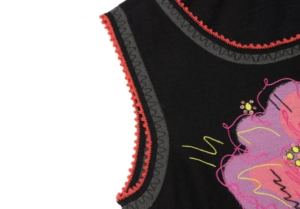 ヒロココシノHIROKO KOSHINO フラワーエンブロイダリーニットタンクトップ 黒赤ピンク40 K-137046_004