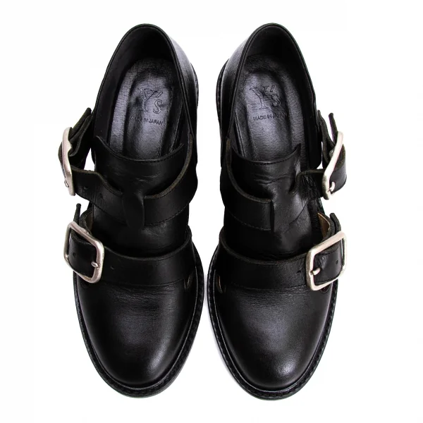 ワイズY's ダブルベルトレザーヒールシューズ 黒4(24.5位） K-137295_002