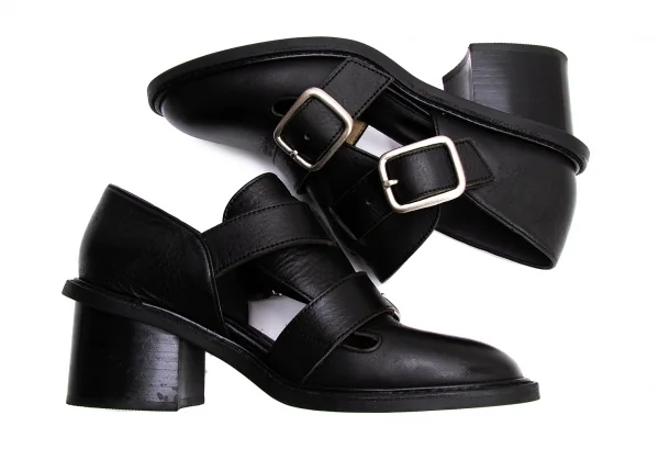 ワイズY's ダブルベルトレザーヒールシューズ 黒4(24.5位） K-137295_003