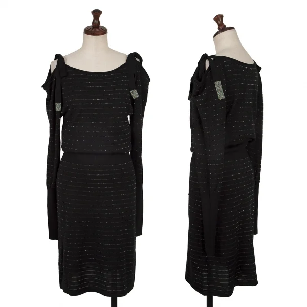 cacharel Glitter Striped Shoulder Ribbon Design Knit Dress Black S-M K-137334_001