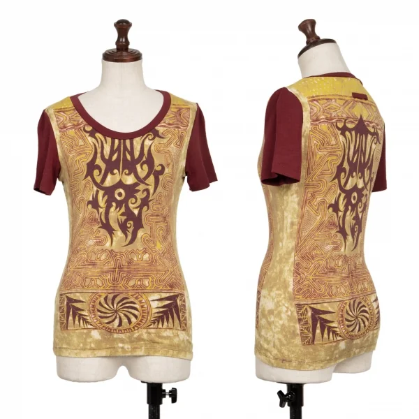 ジャンポールゴルチエ ファムJean Paul GAULTIER FEMME トライバルプリントレーヨンTシャツ ボルドーカーキ40 K-137713_001