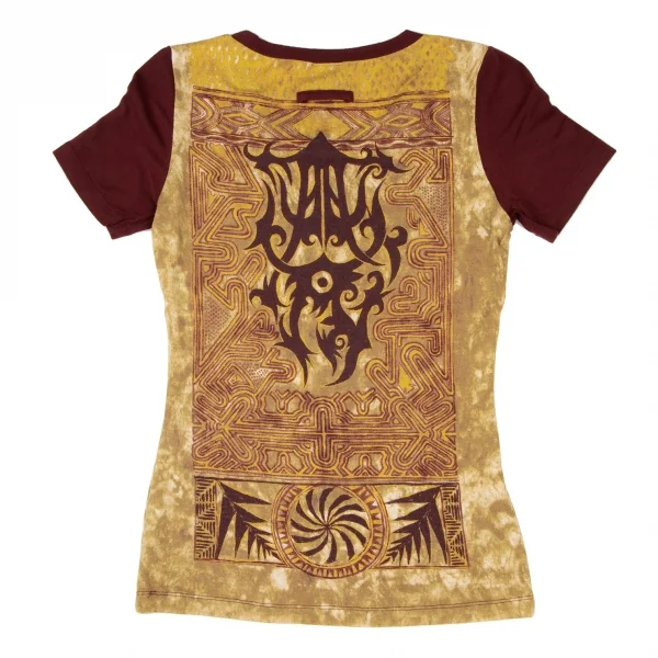 ジャンポールゴルチエ ファムJean Paul GAULTIER FEMME トライバルプリントレーヨンTシャツ ボルドーカーキ40 K-137713_012