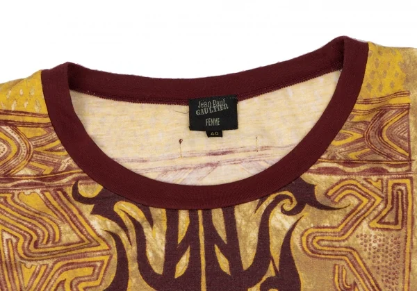 ジャンポールゴルチエ ファムJean Paul GAULTIER FEMME トライバルプリントレーヨンTシャツ ボルドーカーキ40 K-137713_004