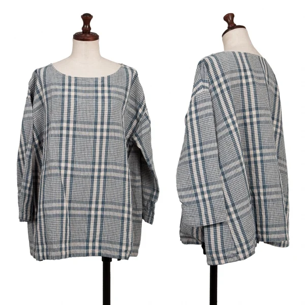 45R Linen Check Wide Blouse Blue,White 0 K-137978_001