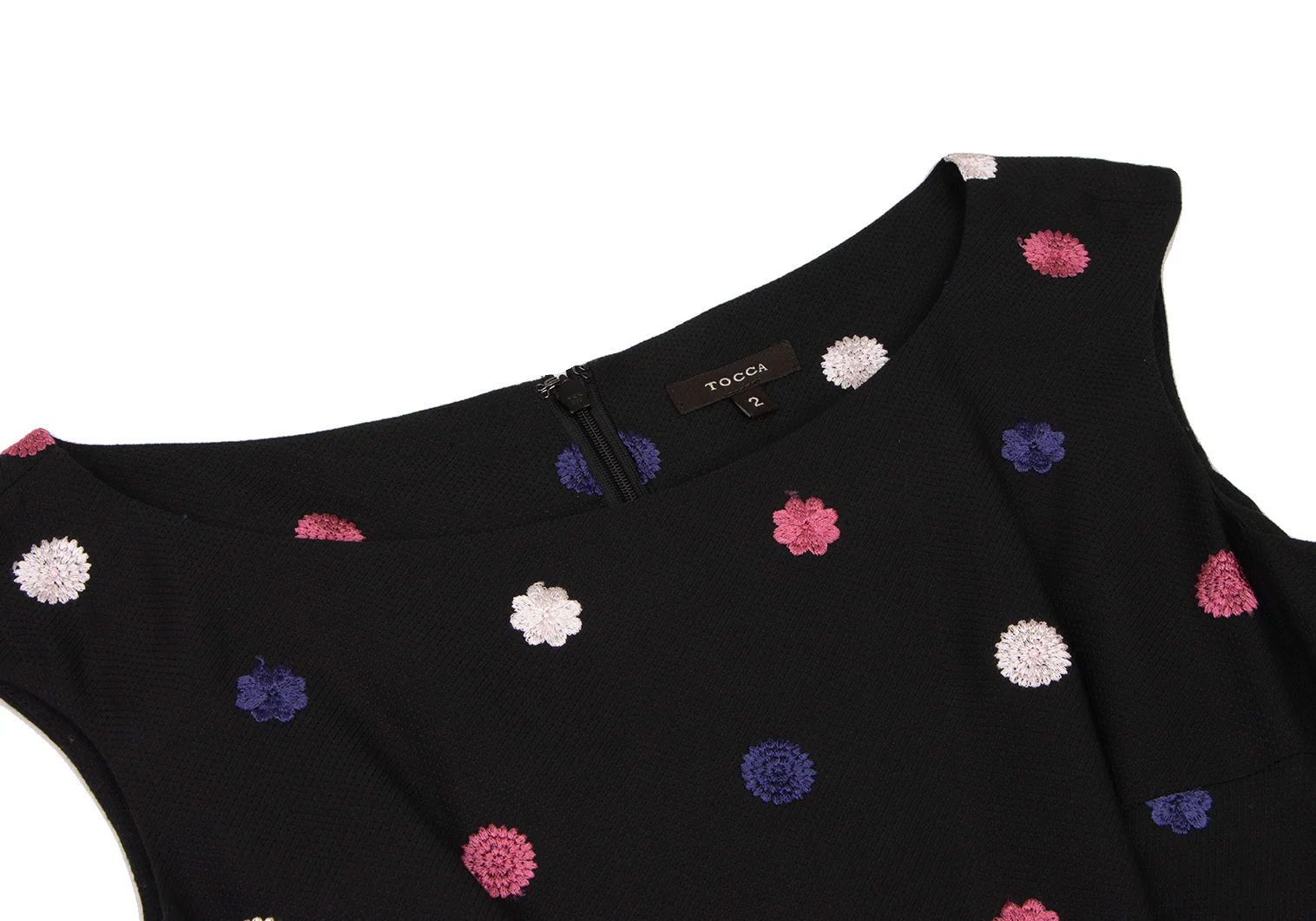 トッカTOCCA ポリレーヨン刺繍タックワンピース 黒ピンク紫2