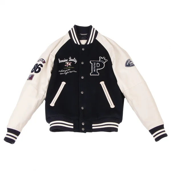 Papas+ Logo Patch Leather Sleeve Switching Baseball Jacket Navy,Ivory S K-138709_001