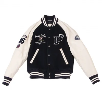 Papas+ Logo Patch Leather Sleeve Switching Baseball Jacket