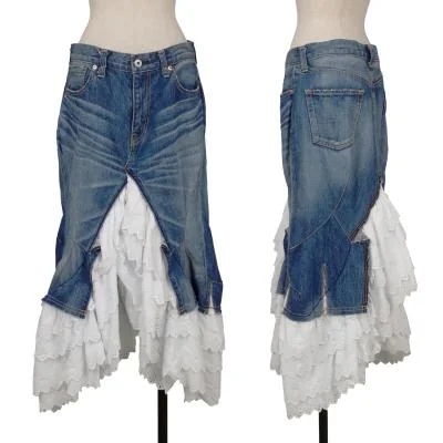 JUNYA WATANABE COMME des GARCONS Embroidered Lace Layered Denim Skirt