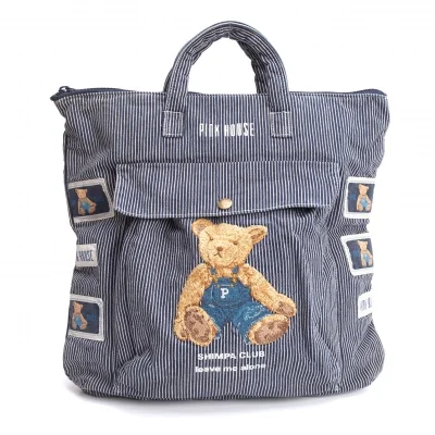 PINK HOUSE Bear Embroidery Hickory Stripe Bag