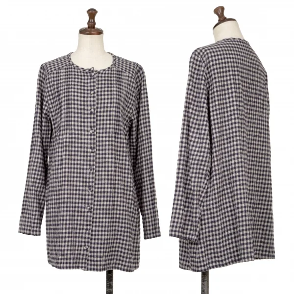 Mademoiselle NON NON Checker Collarless Blouse Navy,Grey 38M K-139126_001