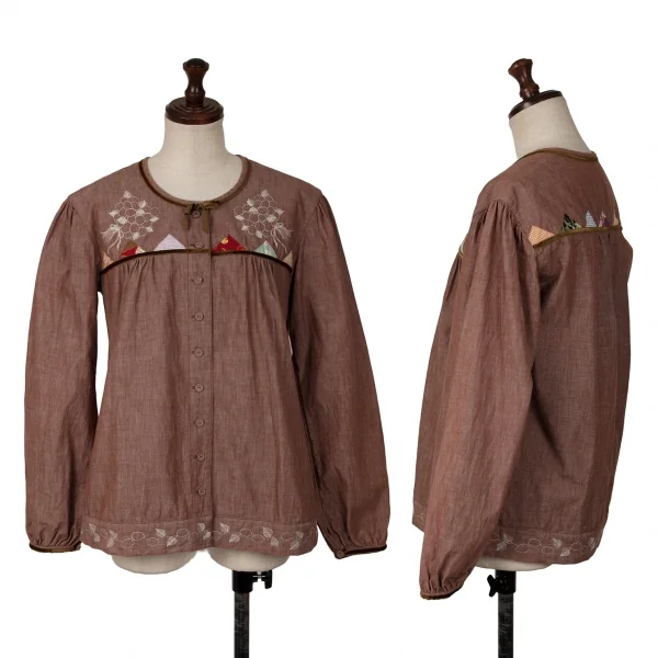 PINK HOUSE Velor Taping Embroidery Blouse Brown S-M K-139249_001