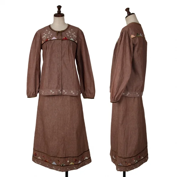 PINK HOUSE Velor Taping Embroidery Blouse & Skirt Brown M K-139251_001
