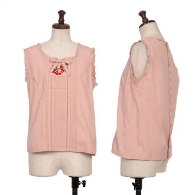 PINK HOUSE Cherry Embroidery Tuck Ruffle Sleeveless Shirt