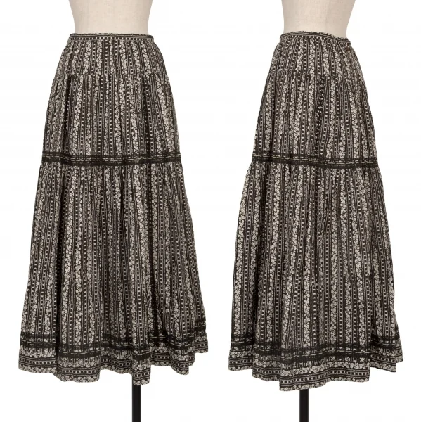 PINK HOUSE Floral Striped Print Lace Taping Skirt Black S-M K-139257_001