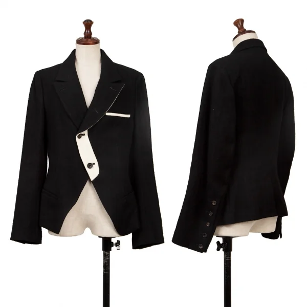 Y's red label Linen Blend Bicolor Lapel Jacket Black 3 K-139363_001