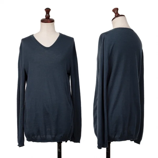 ジルサンダーJIL SANDER サイド編み変えラインデザインVネックニット 紺M位 K-139556_001