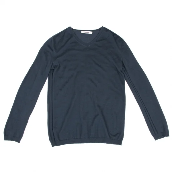 ジルサンダーJIL SANDER サイド編み変えラインデザインVネックニット 紺M位 K-139556_002