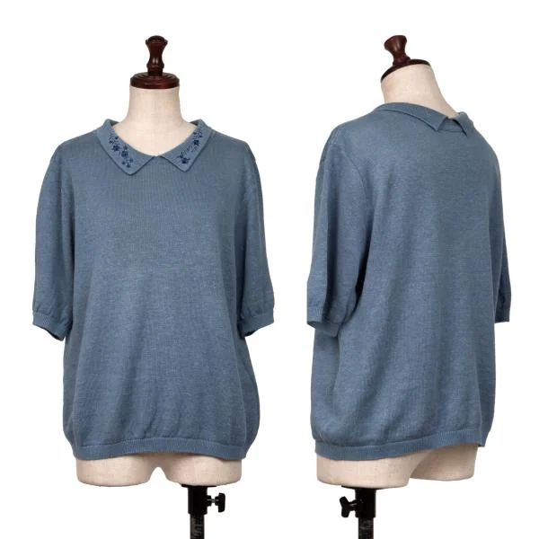 NON NO ademoiselle NON NON Floral Embroidery Knit Polo Shirt Blue M K-139899_001