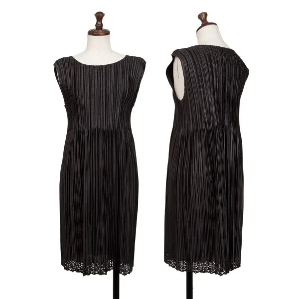 プリーツプリーズPLEATS PLEASE 裾超音波カッティングノースリーブワンピース 黒シルバー3 K-140192_001