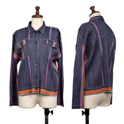 PLEATS PLEASE Rainbow Stripe Print Trucker Jacket