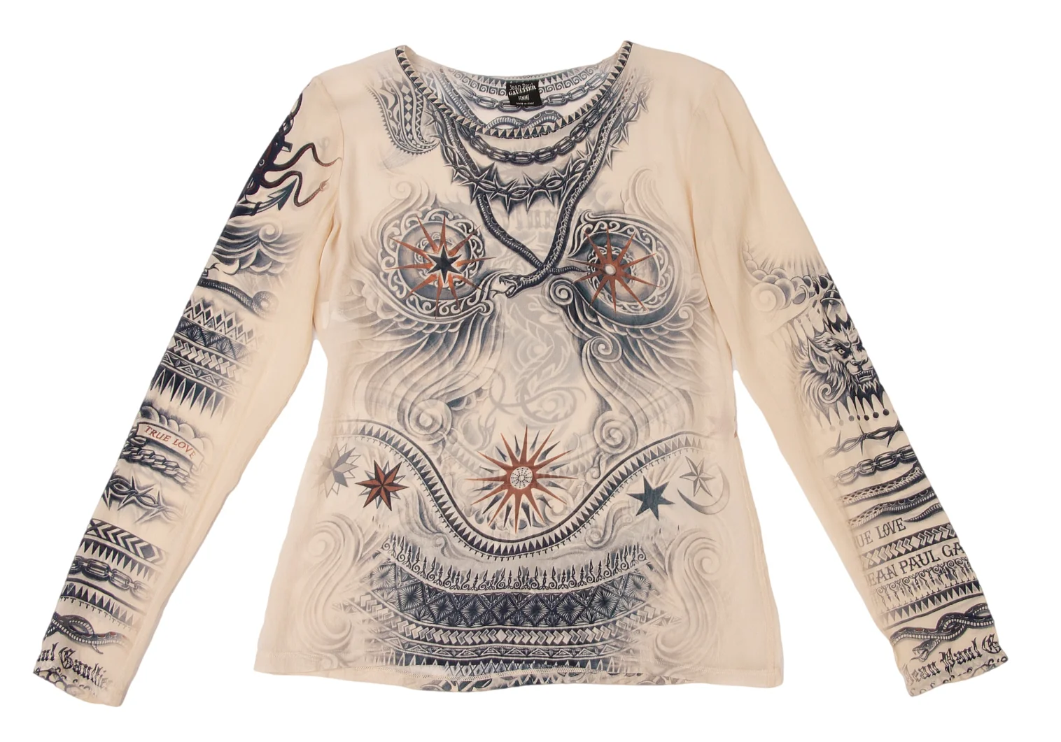 入荷now 口コミ Jean Paul GAULTIER FEMME Tatoo Printed Silk T Shirt Beige XS トップス