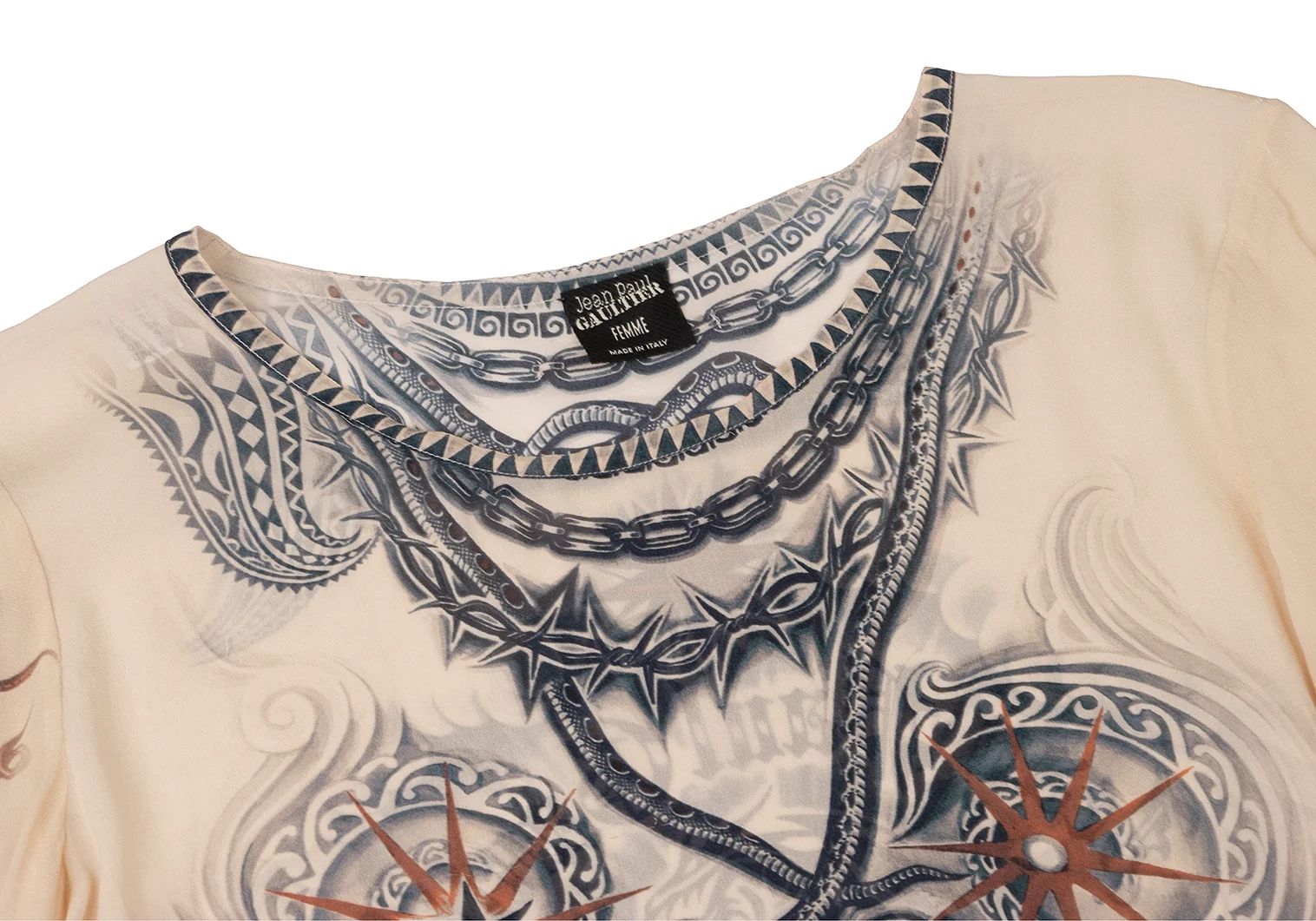 Jean Paul GAULTIER FEMME Tatoo Printed Silk T Shirt Beige XS