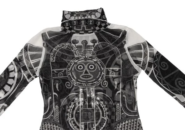 ジャンポールゴルチエJean Paul GAULTIER ネイティブプリントタートルネックパワーネットカットソー 黒白S位 K-140392_003