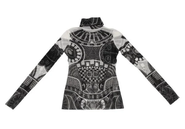 ジャンポールゴルチエJean Paul GAULTIER ネイティブプリントタートルネックパワーネットカットソー 黒白S位 K-140392_010