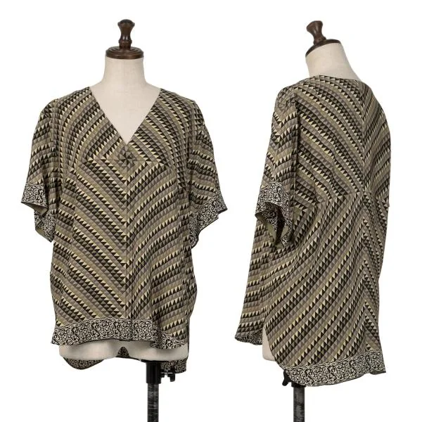YOSHIE INABA Silk Geometry Short Sleeve Blouse Brown S-M K-140504_001