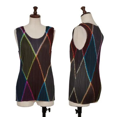 PLEATS PLEASE Pleated Multicolor Rhombus Design Tank Top